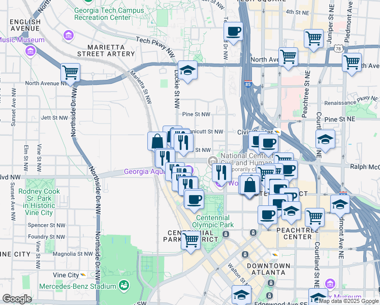 map of restaurants, bars, coffee shops, grocery stores, and more near 218 Mills Street Northwest in Atlanta