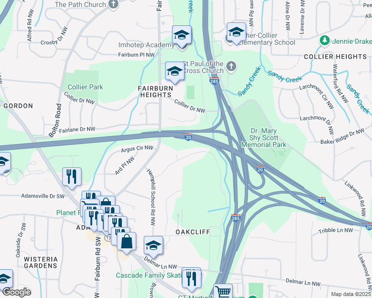 map of restaurants, bars, coffee shops, grocery stores, and more near 3357 Lake Valley Road Northwest in Atlanta