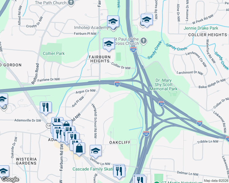map of restaurants, bars, coffee shops, grocery stores, and more near 3357 Lake Valley Road Northwest in Atlanta