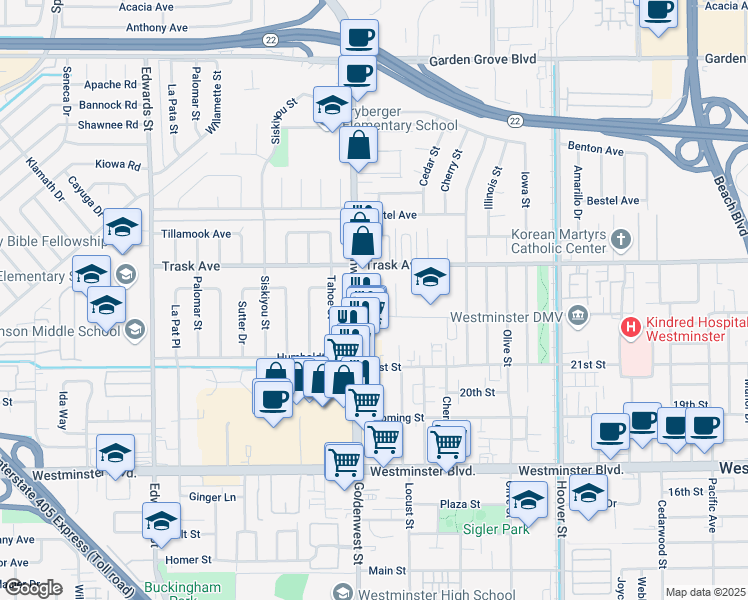 map of restaurants, bars, coffee shops, grocery stores, and more near 13552 Goldenwest Street in Westminster