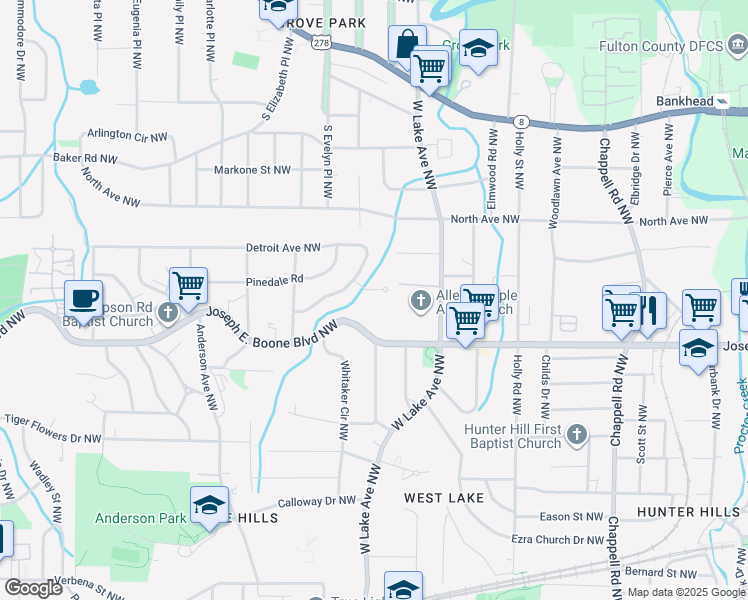 map of restaurants, bars, coffee shops, grocery stores, and more near 1742 Detroit Court Northwest in Atlanta