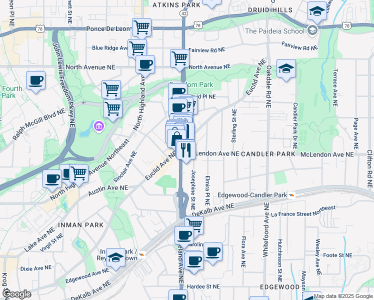 map of restaurants, bars, coffee shops, grocery stores, and more near 1206 McLendon Avenue Northeast in Atlanta