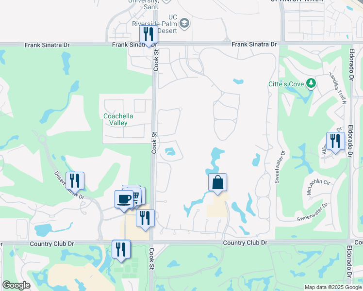 map of restaurants, bars, coffee shops, grocery stores, and more near 350 Crest Lake Drive in Palm Desert