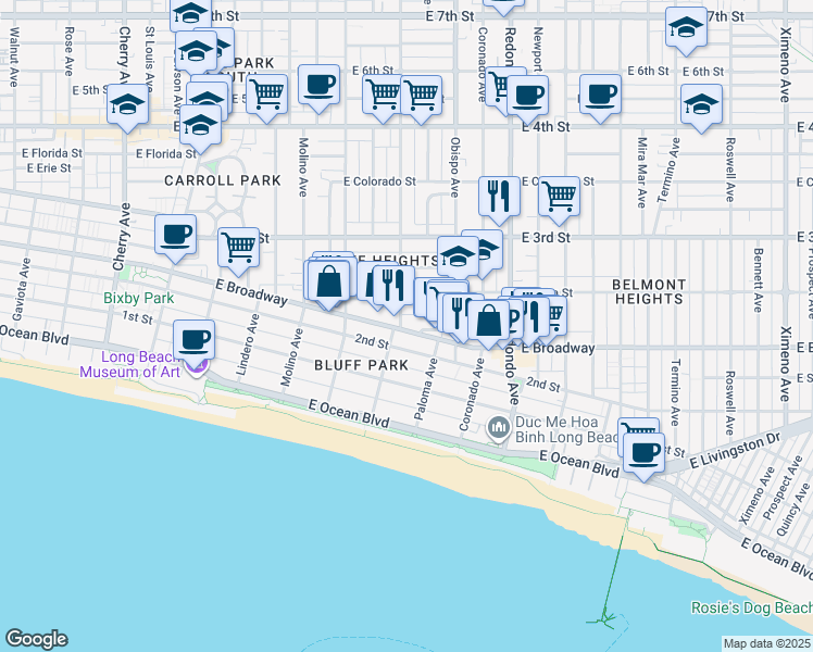 map of restaurants, bars, coffee shops, grocery stores, and more near 226 Orizaba Avenue in Long Beach