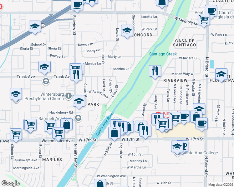 map of restaurants, bars, coffee shops, grocery stores, and more near 2113 Lewis Street in Santa Ana