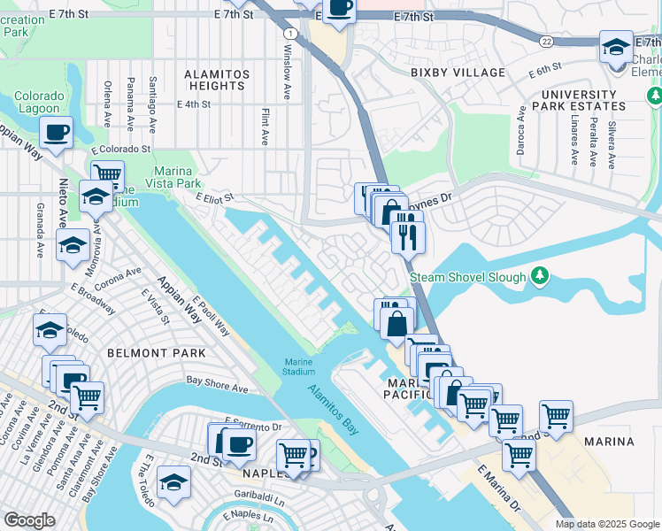 map of restaurants, bars, coffee shops, grocery stores, and more near 6135 Corsica Circle in Long Beach