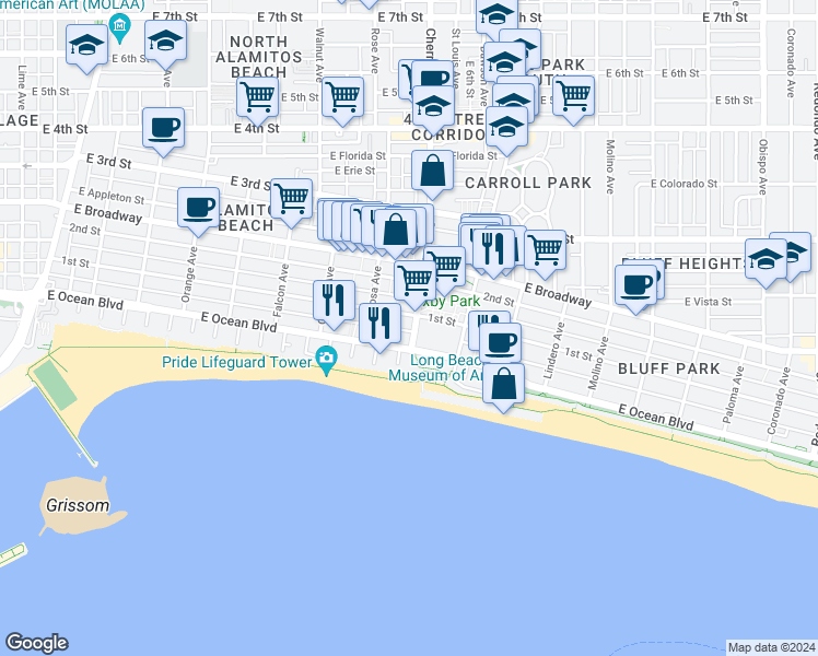 map of restaurants, bars, coffee shops, grocery stores, and more near 27 Cherry Avenue in Long Beach