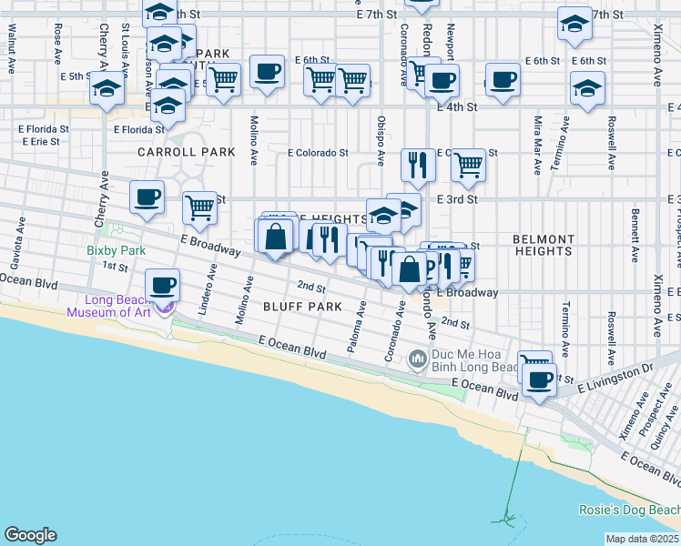 map of restaurants, bars, coffee shops, grocery stores, and more near 226 Orizaba Avenue in Long Beach