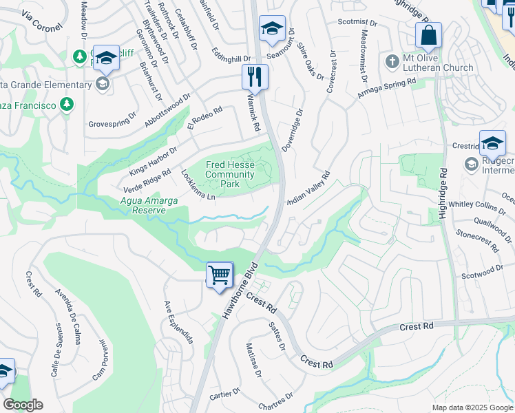 map of restaurants, bars, coffee shops, grocery stores, and more near 29520 Driftwood Lane in Rancho Palos Verdes