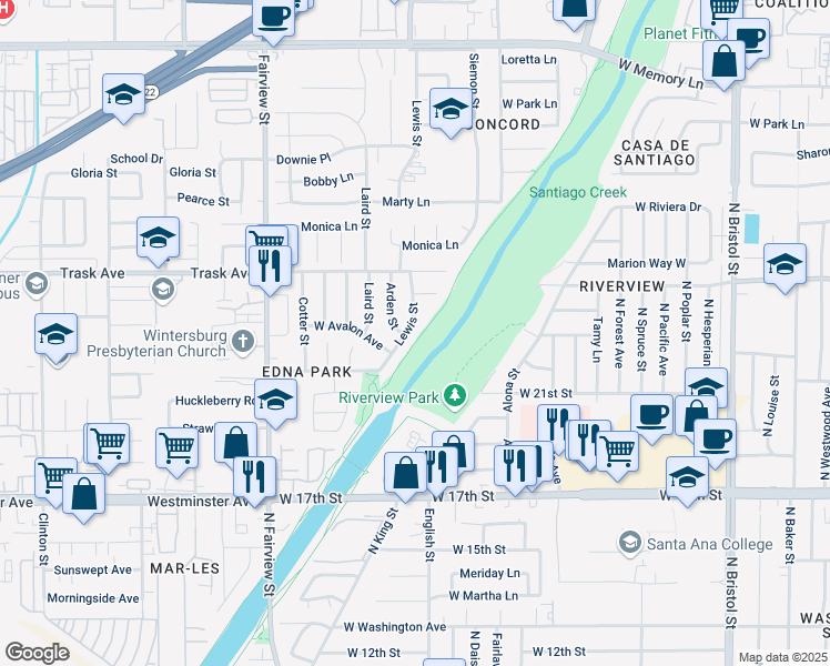 map of restaurants, bars, coffee shops, grocery stores, and more near 2113 Lewis Street in Santa Ana