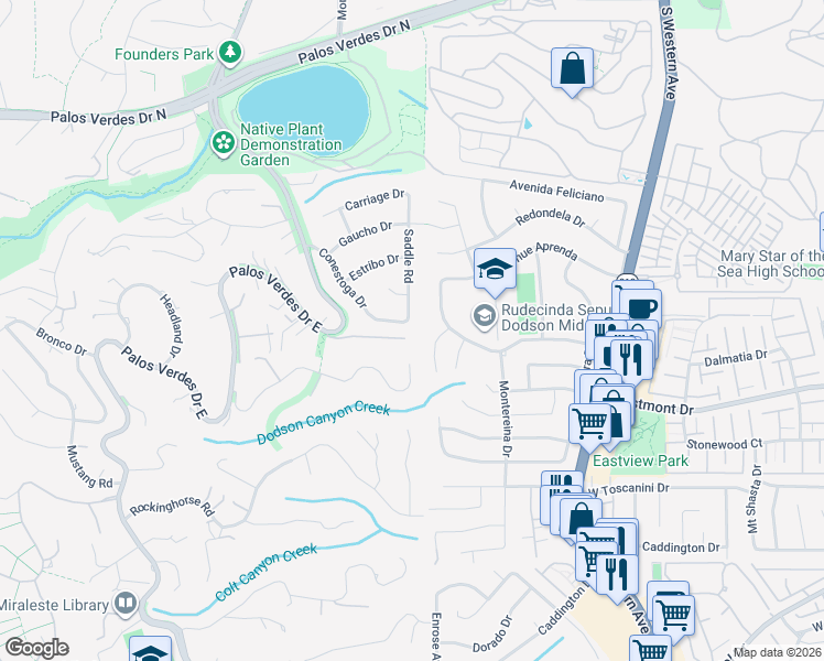 map of restaurants, bars, coffee shops, grocery stores, and more near 27853 Conestoga Drive in Rolling Hills Estates