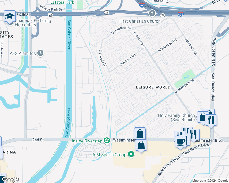 map of restaurants, bars, coffee shops, grocery stores, and more near 13501 El Dorado Drive in Seal Beach