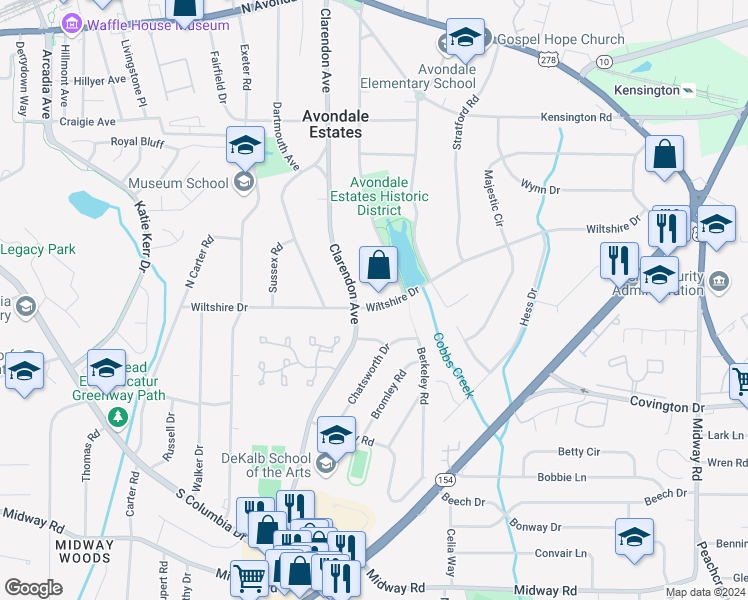 map of restaurants, bars, coffee shops, grocery stores, and more near 58 Wiltshire Drive in Avondale Estates