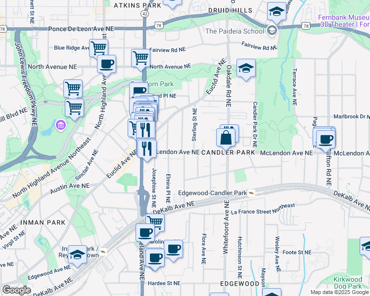 map of restaurants, bars, coffee shops, grocery stores, and more near 1300 McLendon Avenue Northeast in Atlanta