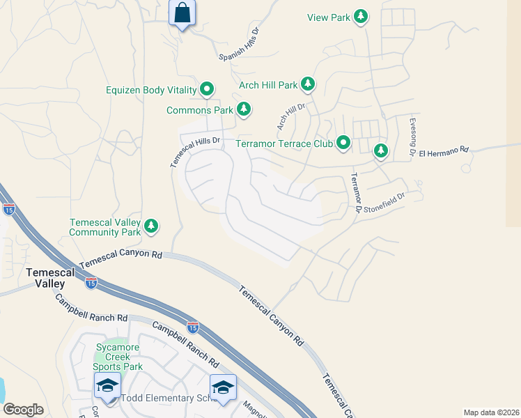 map of restaurants, bars, coffee shops, grocery stores, and more near 24383 Crestley Drive in Corona
