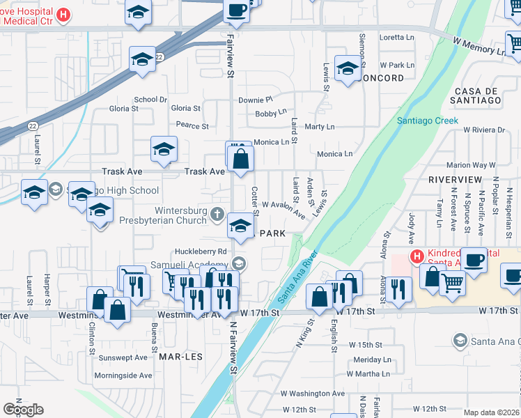 map of restaurants, bars, coffee shops, grocery stores, and more near 2108 Cotter Street in Santa Ana