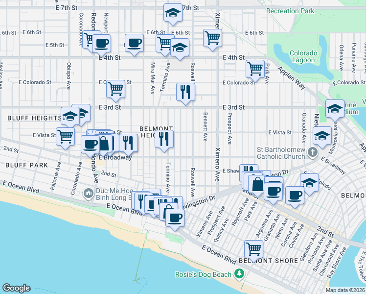 map of restaurants, bars, coffee shops, grocery stores, and more near 234 Belmont Avenue in Long Beach