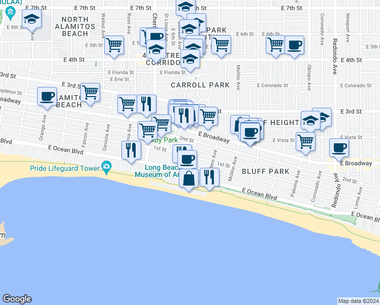 map of restaurants, bars, coffee shops, grocery stores, and more near 2319 East 1st Street in Long Beach