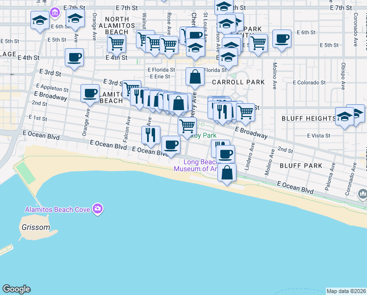 map of restaurants, bars, coffee shops, grocery stores, and more near 27 Cherry Avenue in Long Beach