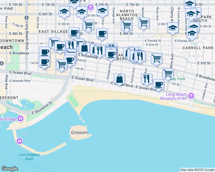 map of restaurants, bars, coffee shops, grocery stores, and more near 1200 East Ocean Boulevard in Long Beach