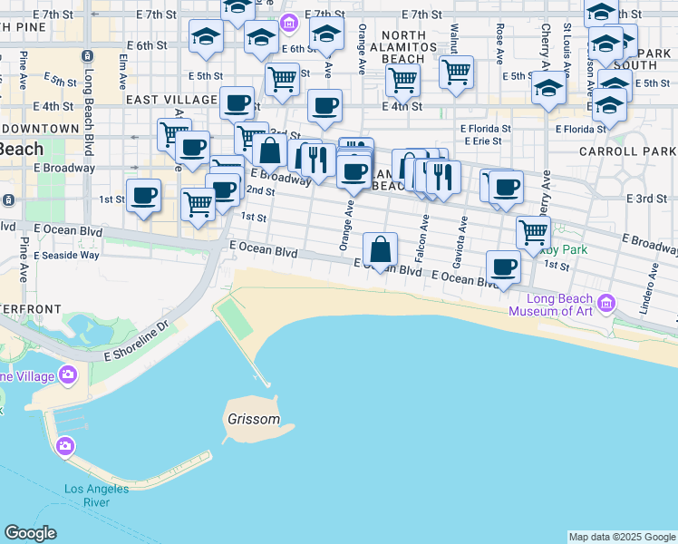 map of restaurants, bars, coffee shops, grocery stores, and more near 1200 East Ocean Boulevard in Long Beach