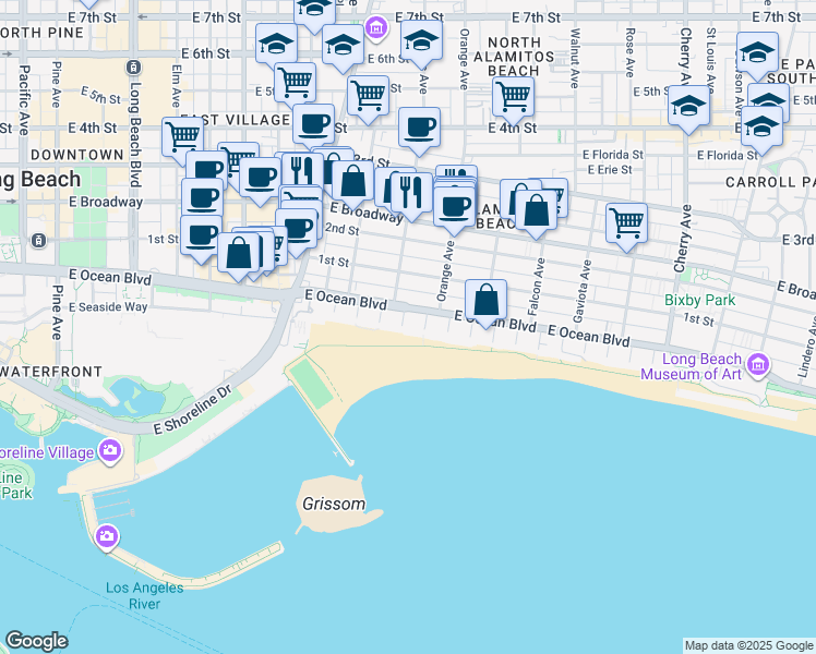 map of restaurants, bars, coffee shops, grocery stores, and more near 23 South 4th Place in Long Beach