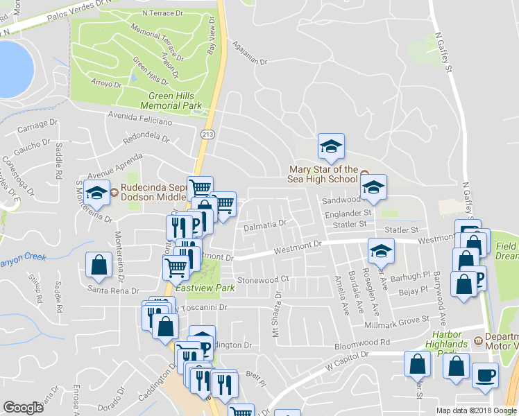 map of restaurants, bars, coffee shops, grocery stores, and more near 1615 Dalmatia Drive in Los Angeles