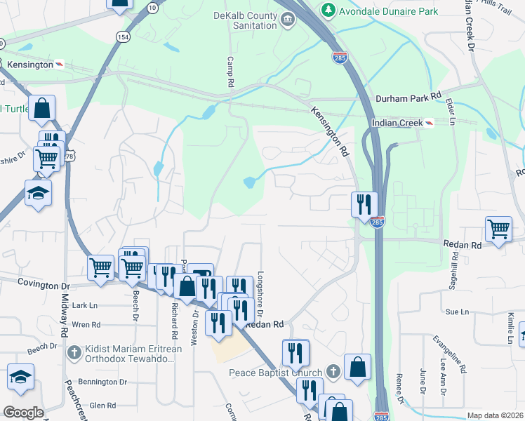map of restaurants, bars, coffee shops, grocery stores, and more near 3660 Porter Court in Decatur