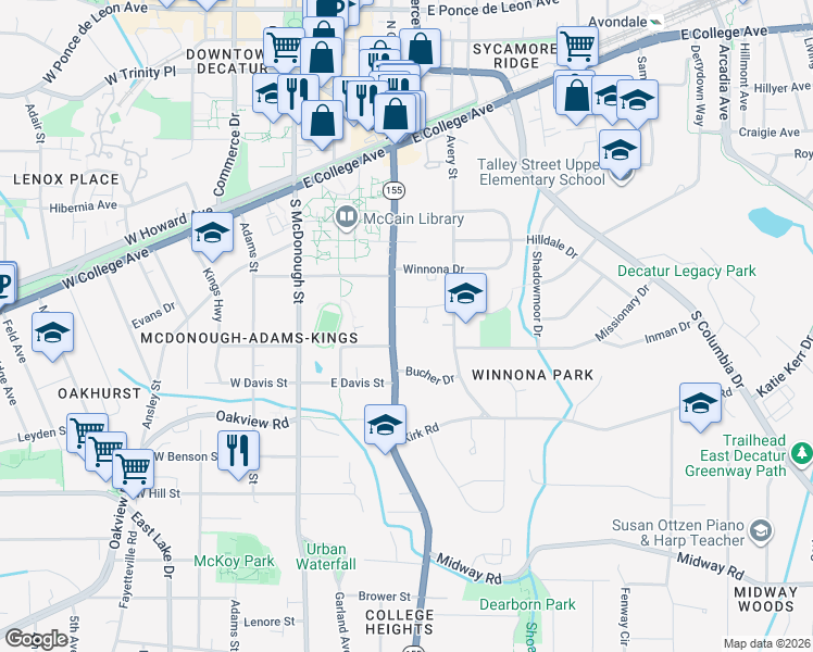 map of restaurants, bars, coffee shops, grocery stores, and more near 350 South Candler Street in Decatur