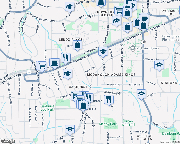 map of restaurants, bars, coffee shops, grocery stores, and more near 423 Ansley Street in Decatur