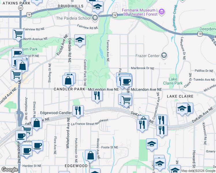 map of restaurants, bars, coffee shops, grocery stores, and more near 395 Callan Circle Northeast in Atlanta