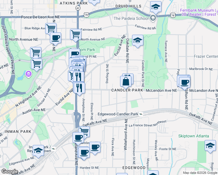 map of restaurants, bars, coffee shops, grocery stores, and more near 1300 McLendon Avenue Northeast in Atlanta