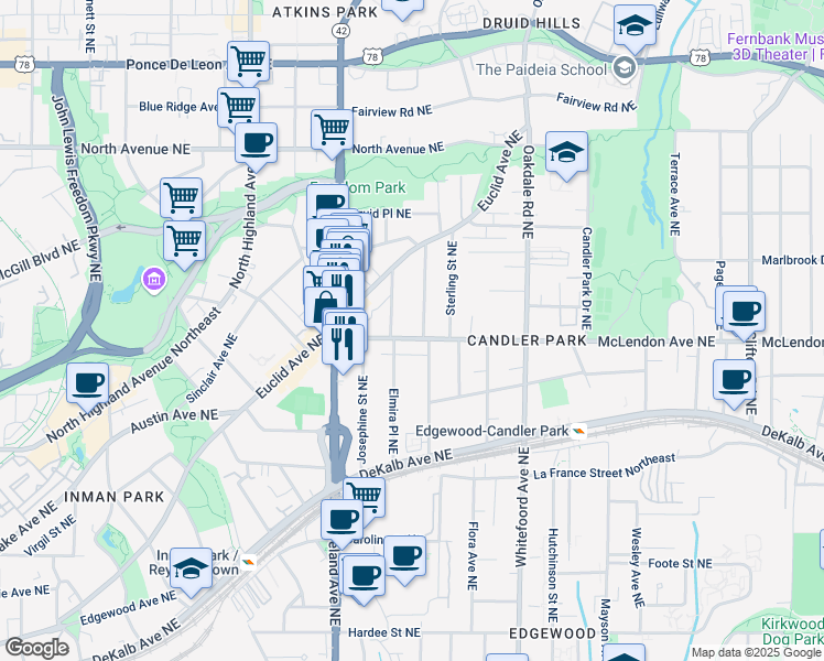 map of restaurants, bars, coffee shops, grocery stores, and more near 1260 McLendon Avenue Northeast in Atlanta