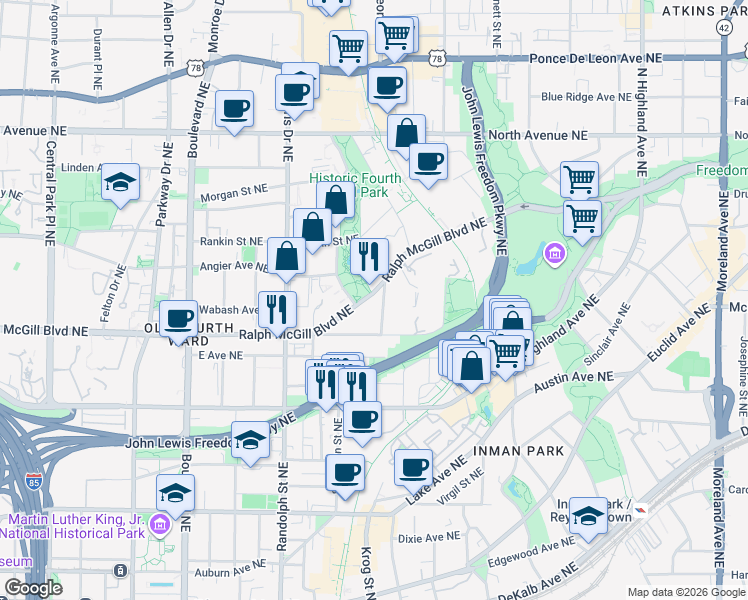 map of restaurants, bars, coffee shops, grocery stores, and more near 697 Ralph McGill Boulevard Northeast in Atlanta
