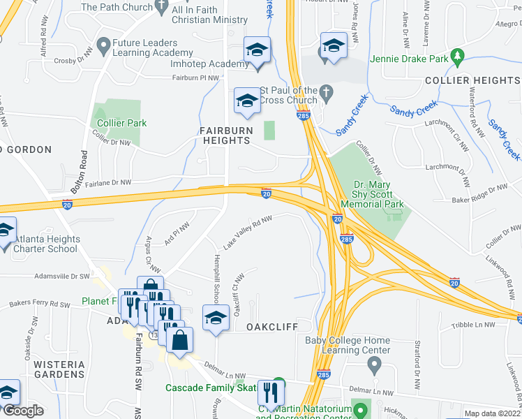 map of restaurants, bars, coffee shops, grocery stores, and more near 3357 Lake Valley Road Northwest in Atlanta