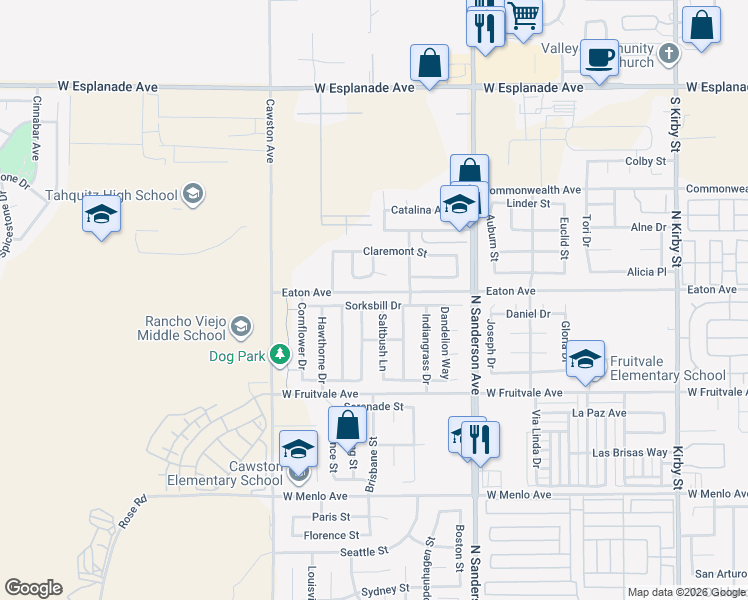 map of restaurants, bars, coffee shops, grocery stores, and more near 3690 Sorksbill Drive in Hemet
