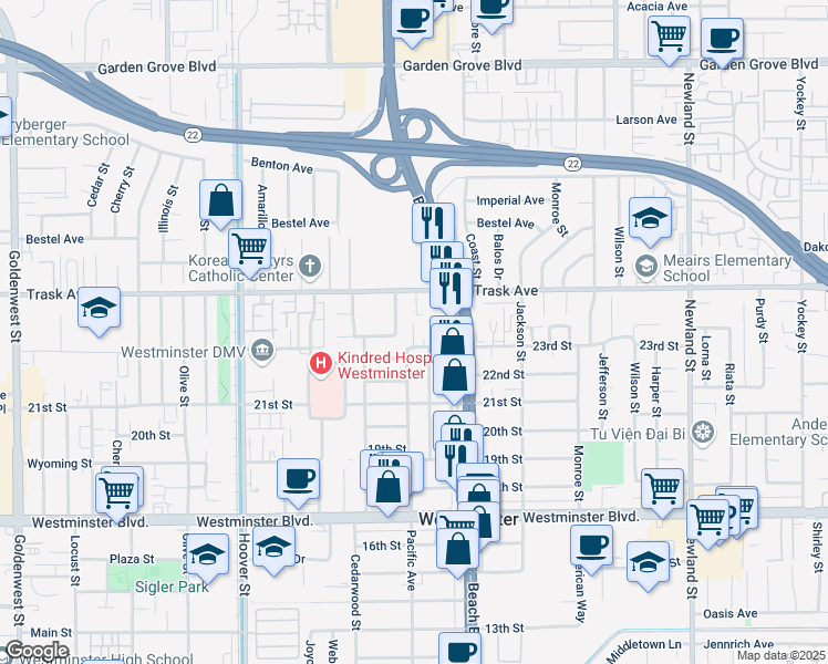 map of restaurants, bars, coffee shops, grocery stores, and more near 7881 23rd Street in Westminster