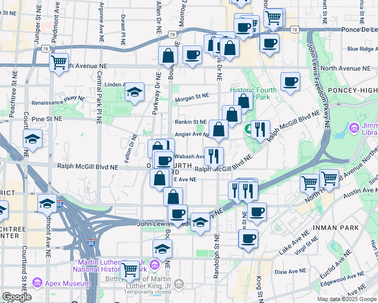 map of restaurants, bars, coffee shops, grocery stores, and more near 520 Wabash Avenue Northeast in Atlanta