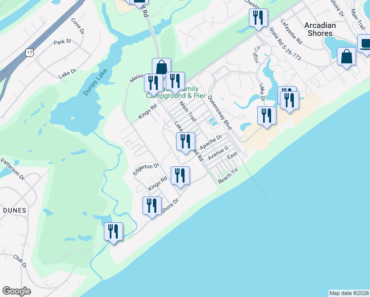 map of restaurants, bars, coffee shops, grocery stores, and more near 346 Arcadian Dunes in Myrtle Beach