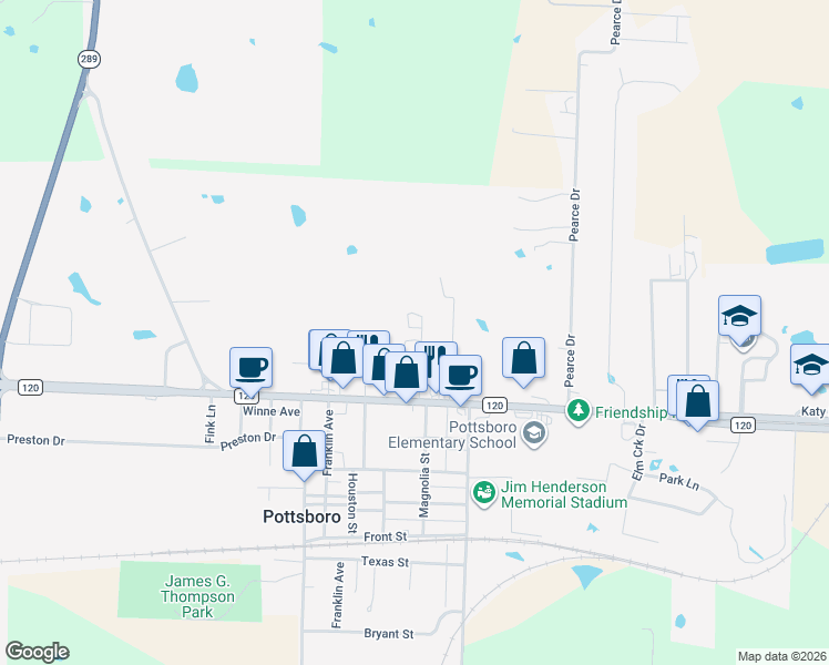 map of restaurants, bars, coffee shops, grocery stores, and more near 201 Jones Circle in Pottsboro