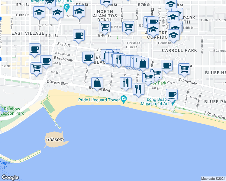 map of restaurants, bars, coffee shops, grocery stores, and more near 1515 1/2 East Ocean Boulevard in Long Beach