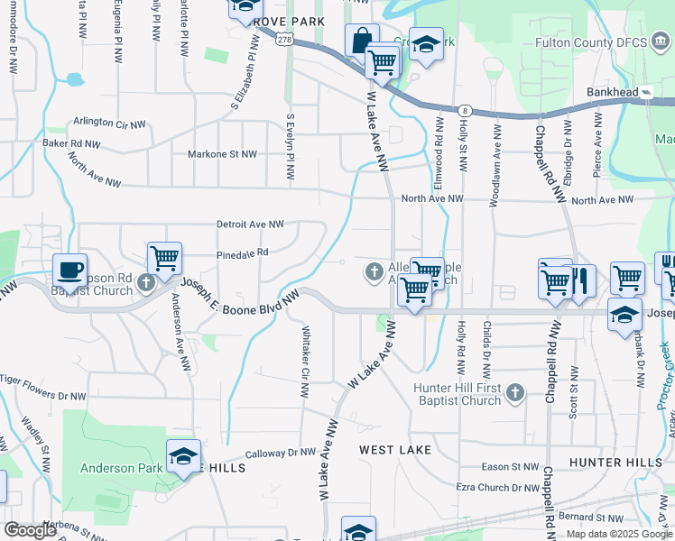 map of restaurants, bars, coffee shops, grocery stores, and more near 1742 Detroit Court Northwest in Atlanta