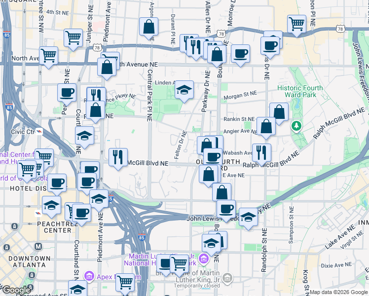 map of restaurants, bars, coffee shops, grocery stores, and more near 398 Angier Court Northeast in Atlanta
