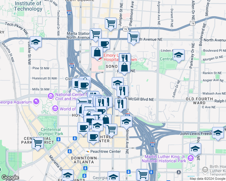map of restaurants, bars, coffee shops, grocery stores, and more near 390 Courtland Street Northeast in Atlanta
