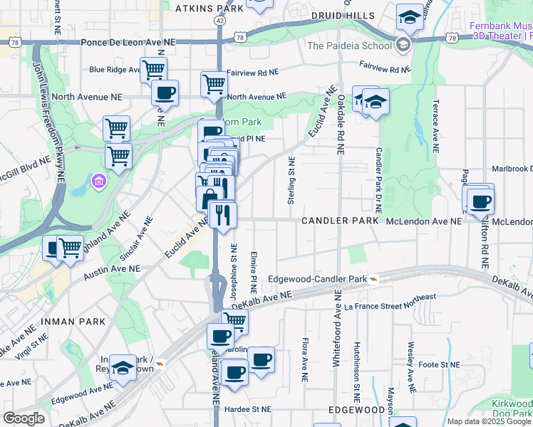 map of restaurants, bars, coffee shops, grocery stores, and more near 1260 McLendon Avenue Northeast in Atlanta