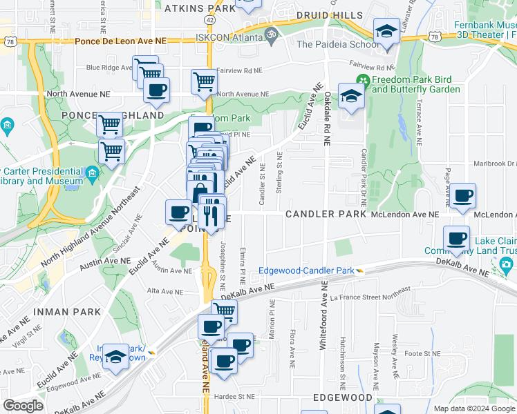 map of restaurants, bars, coffee shops, grocery stores, and more near 1270 McLendon Avenue Northeast in Atlanta