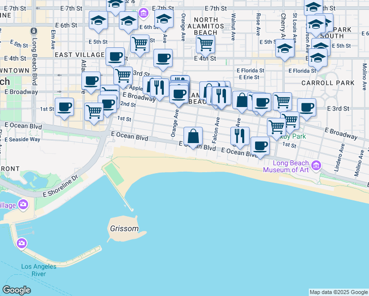 map of restaurants, bars, coffee shops, grocery stores, and more near 1250 East Ocean Boulevard in Long Beach