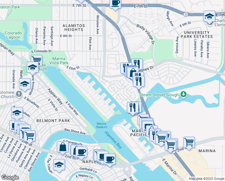 map of restaurants, bars, coffee shops, grocery stores, and more near 6135 Corsica Circle in Long Beach