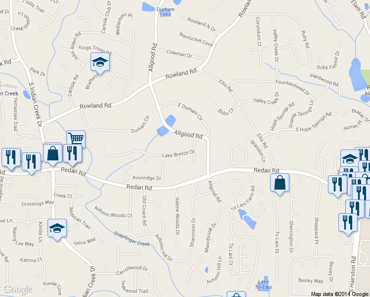 map of restaurants, bars, coffee shops, grocery stores, and more near 4444 Lake Breeze Drive in Stone Mountain