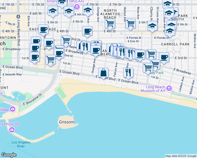 map of restaurants, bars, coffee shops, grocery stores, and more near 1250 East Ocean Boulevard in Long Beach